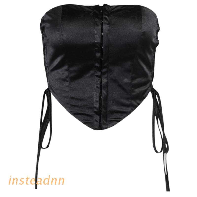 Áo ống corset không dây siết eo vải satin nữ dáng ôm phối dây rút hai bên
