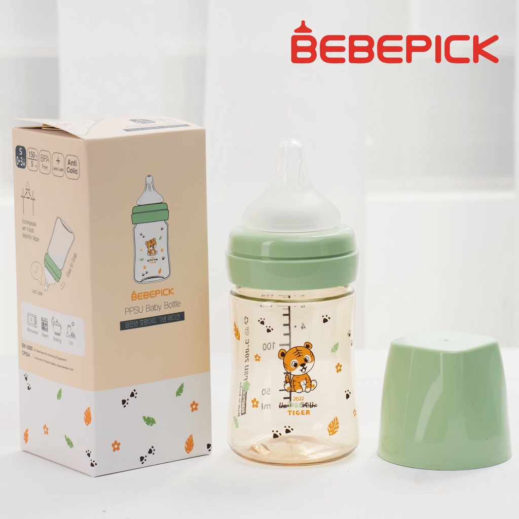 Bình Bebepick bản Hổ  Mint - bình sữa núm ti size 150ml - 250ml