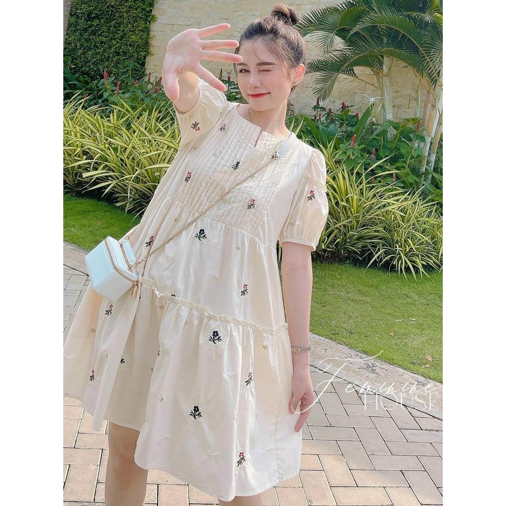 Váy babydoll chất vải thô đũi hoa thêu nổi phong cách dễ thương KAZY DRESS V057