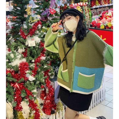 Hàng Sẵn_ Áo khoác len dệt kim  thiết kế khâu đắp màu retro Hadu shop