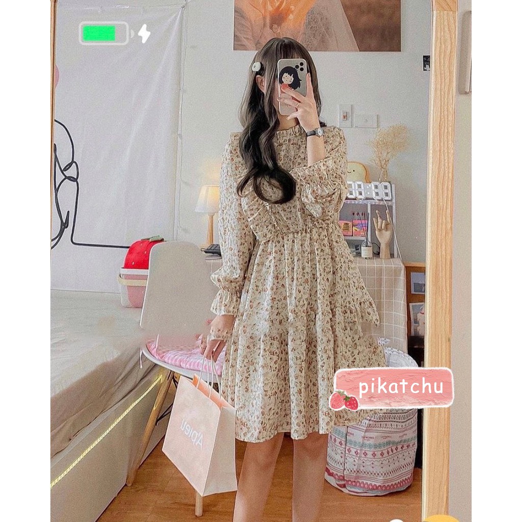 váy hoa nhí vintage, váy hoa nhí dáng xòe cánh tiên viền bèo pikatchu | BigBuy360 - bigbuy360.vn