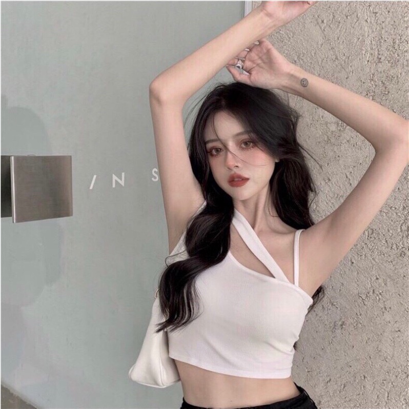 Áo thun croptop nữ ba lỗ dây chéo đen trắng ghi freesize sexy hàn quốc dáng lửng hở eo