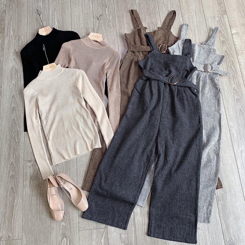 Sét Yếm Quần Chất Dạ Kèm Đai Mix Áo Len Tay Dài Cổ 3 Phân Hàng Quảng Châu ❤️