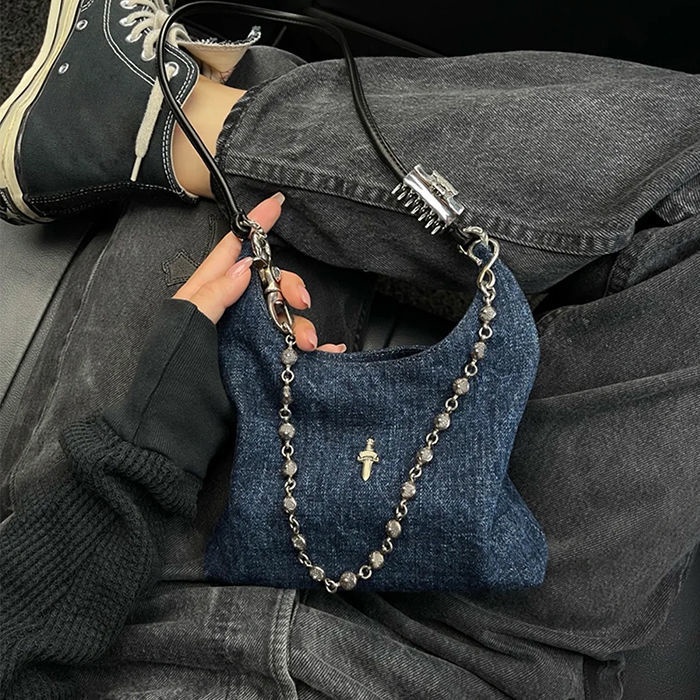Túi Xách Đeo Vai Chất Liệu Denim Phối Dây Xích Thời Trang Cho Nữ 2 Kiểu
