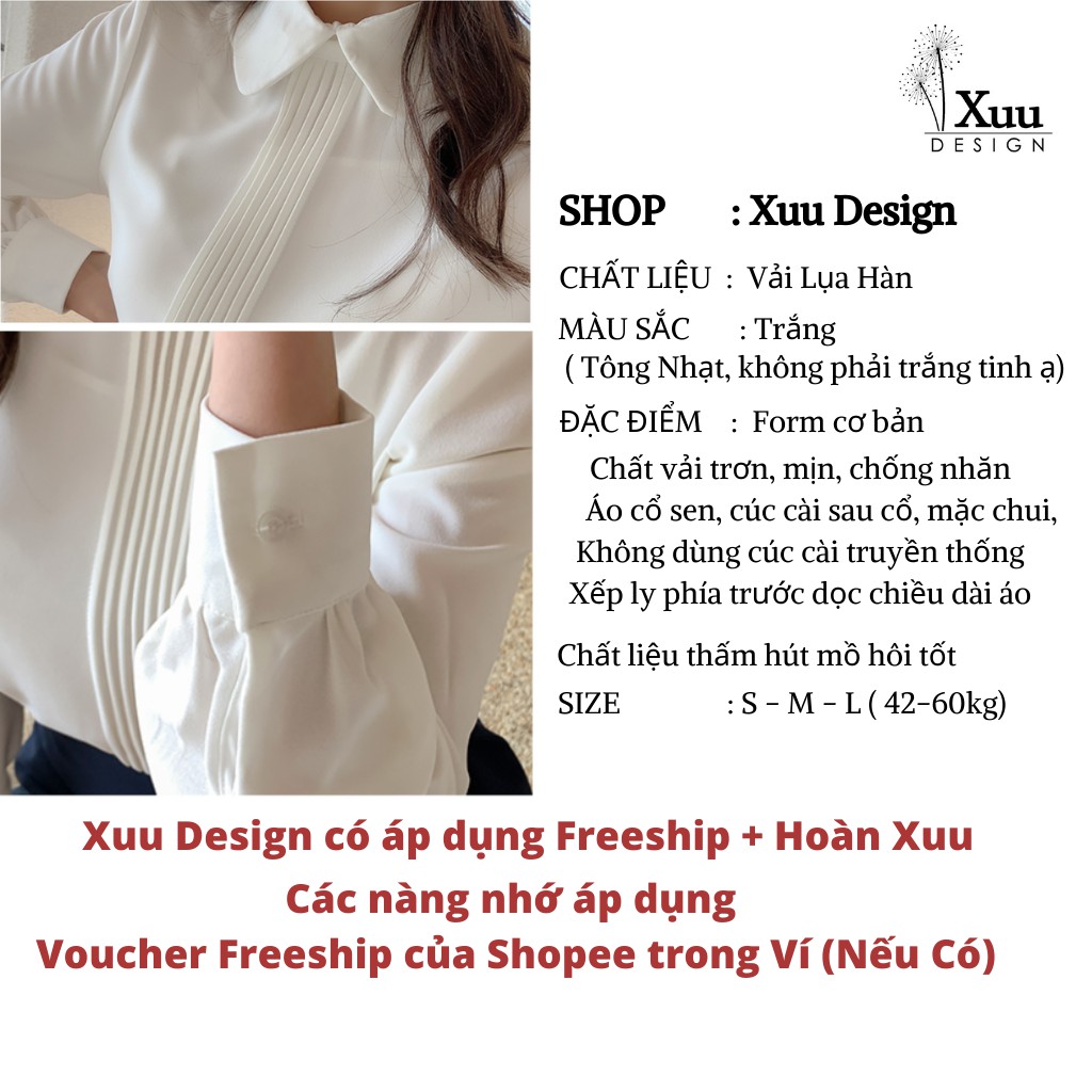 Áo Sơ Mi Nữ Trắng Công Sở Xuu Design, Áo nữ dài tay nẹp xếp ly chất lụa hàn mềm mịn SP27