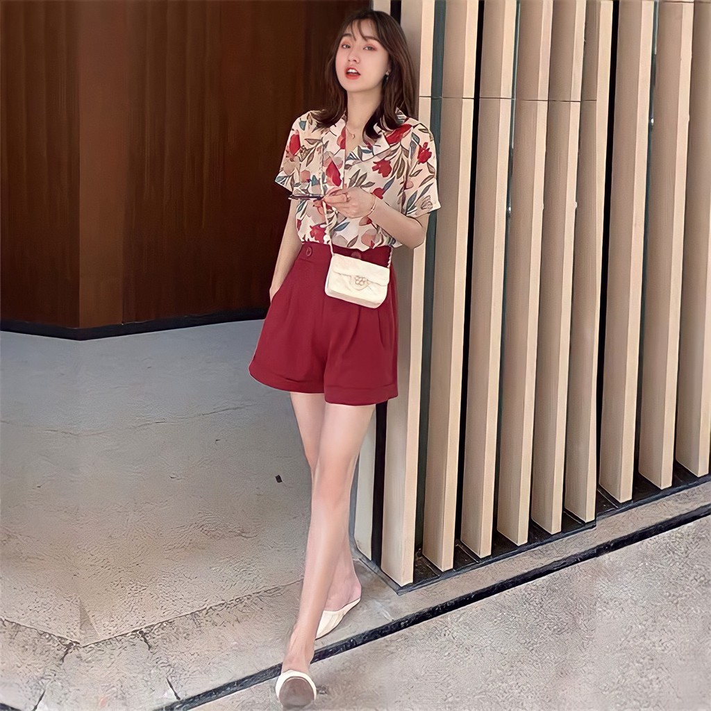Bộ Quần Short Kèm Áo Sơ Mi Hoa Lá 🦋FREESHIP🦋 Set Quần Đùi Đỏ Kèm Áo Sơmi Dáng Rộng