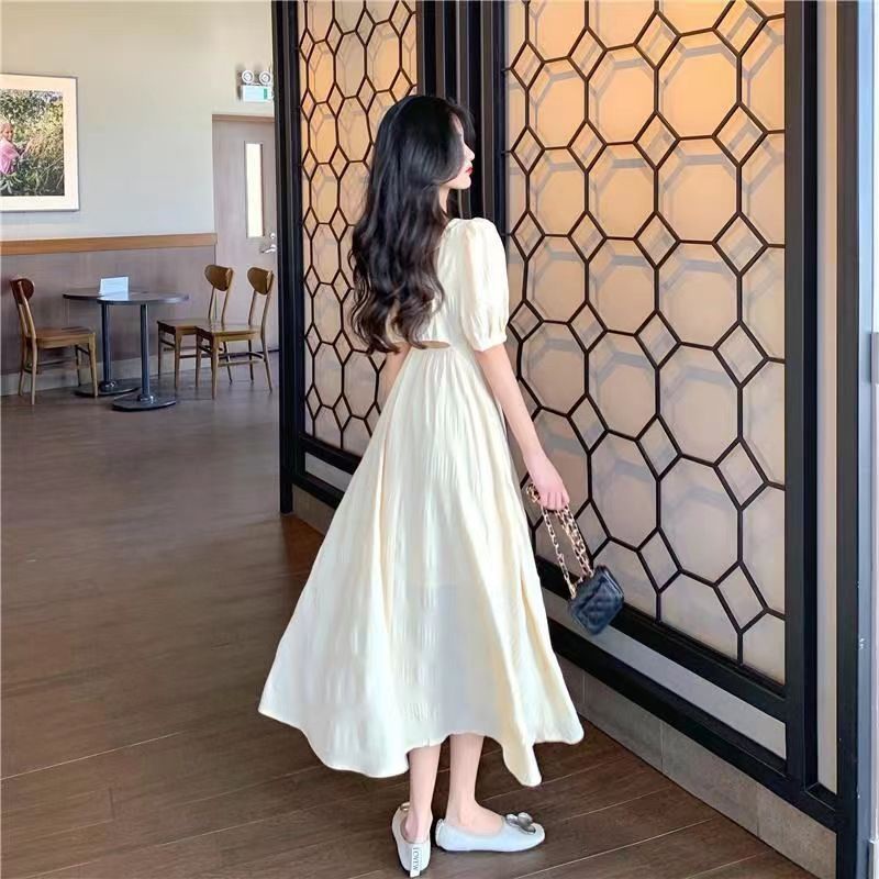 Đầm Voan Hở Lưng Cổ V Tay Phồng Phong Cách Pháp Cổ Điển Váy Nữ