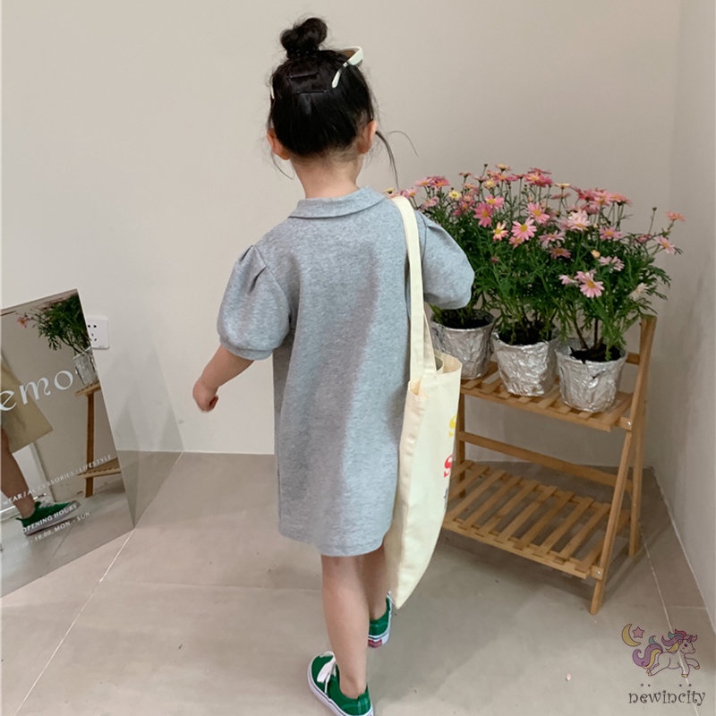 Đầm Tay Ngắn Cổ Bẻ Thêu Chữ Đáng Yêu Thời Trang Phong Cách Hàn Quốc Cho Bé Gái