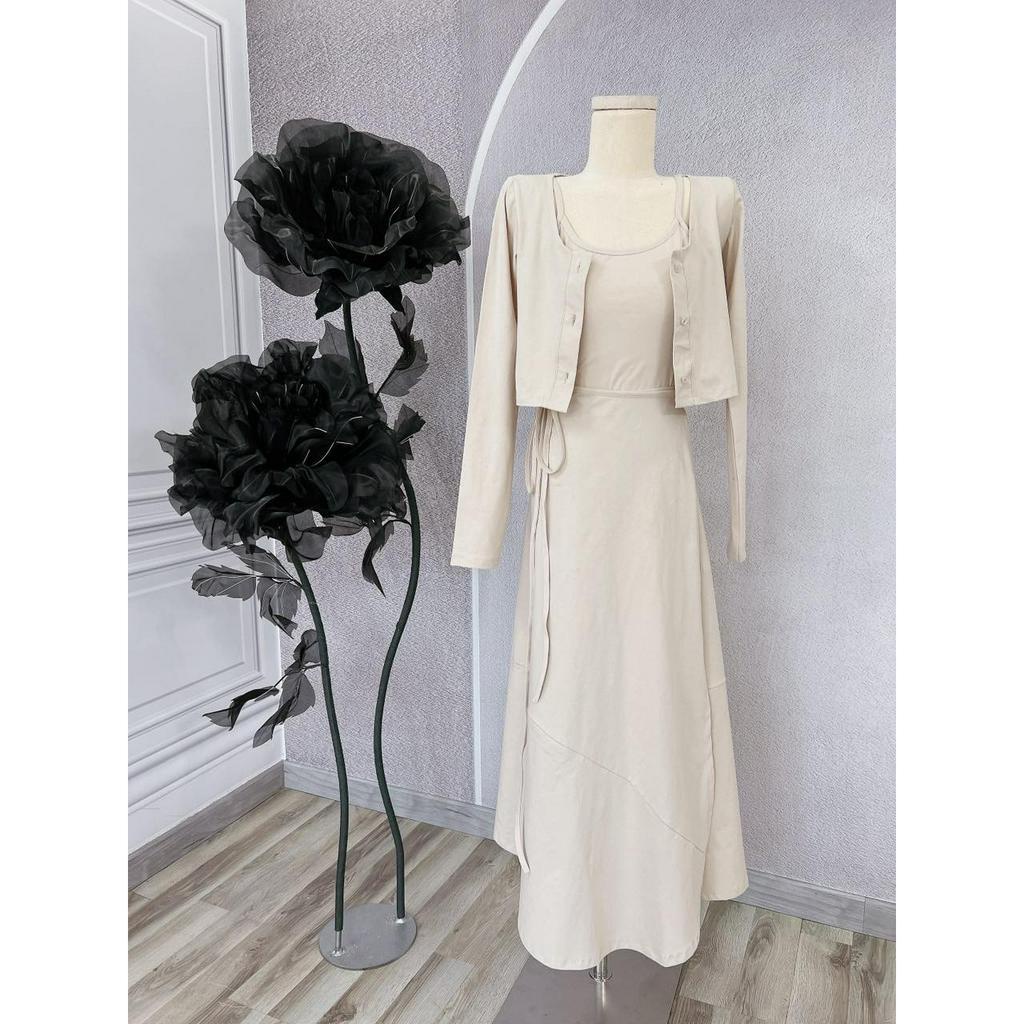 SET KHOÁC CROPTOP KEM + ÁO 2 DÂY + CHÂN VÁY ĐẮP THẮT NƠ