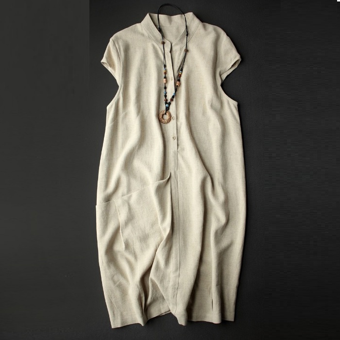 Đầm suông linen cổ trụ phát V tay con túi chéo trước, thời trang hè thu 2022