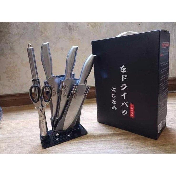Bộ dao Nhật Bản Seki 6 món làm từ thép không gỉ ( có kệ để dao) , dao chặt xương, dao thái, kéo, dụng cụ mài dao