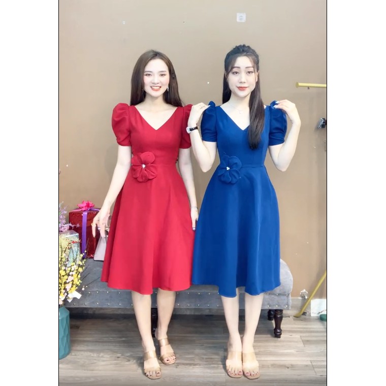 Monoco-váy cổ V tay bo phồng eo đính hoa - 8720