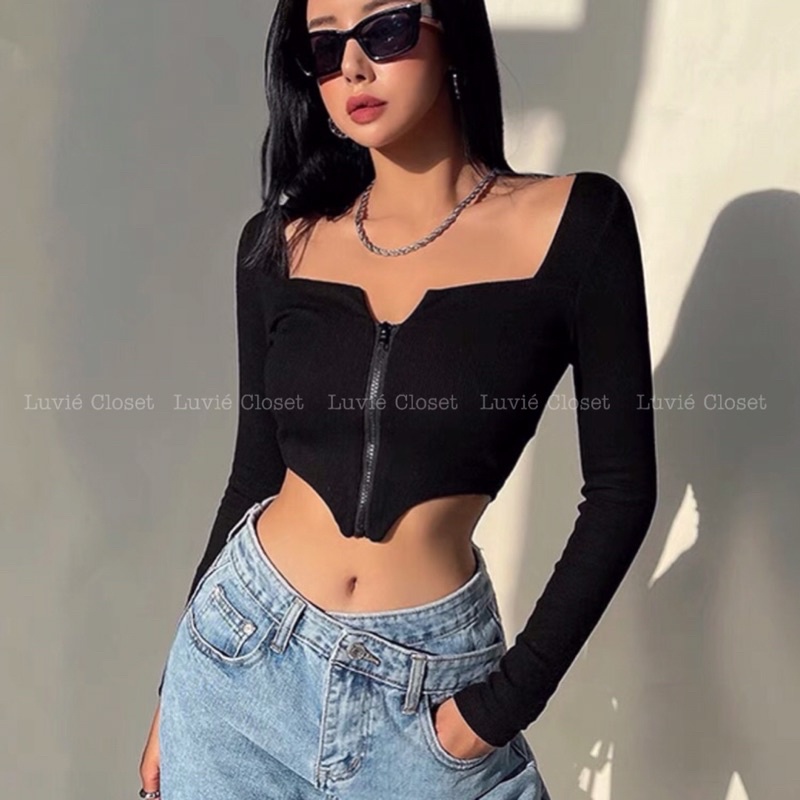 Áo Croptop Cổ Vuông Tay Dài Tà Vạt Nhọn Phối Khoá Kéo Độc Đáo Khoét Eo Cá Tính