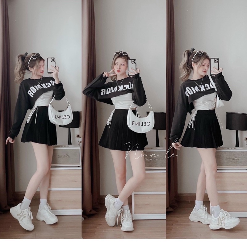 Set áo rút dây 2 bên kèm áo croptop tay dài bên ngoài, Set áo ROCKMO - A5U