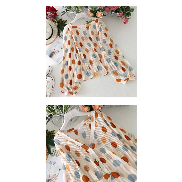 Áo Sơ Mi Chiffon Mỏng Tay Phồng Cổ Chữ V Dáng Rộng Họa Tiết Chấm Bi Xinh Xắn Cho Nữ