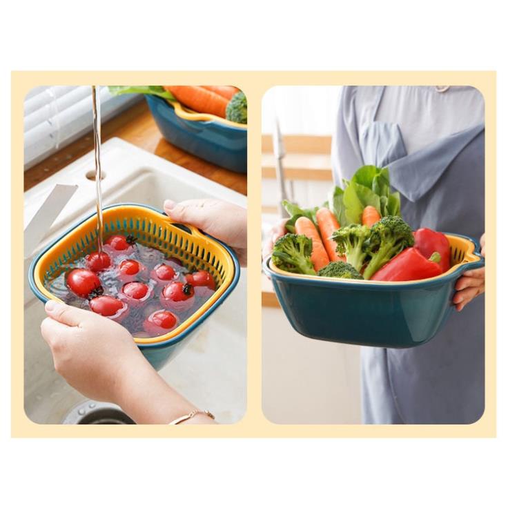 Set 3 Rổ Rửa Rau Củ, Trái Cây KIÊM CHẬU S6 HAI LỚP - Rổ Để Thực Phẩm Ăn Lẩu Khô Ráo Có Lỗ Treo - Nhiều Size