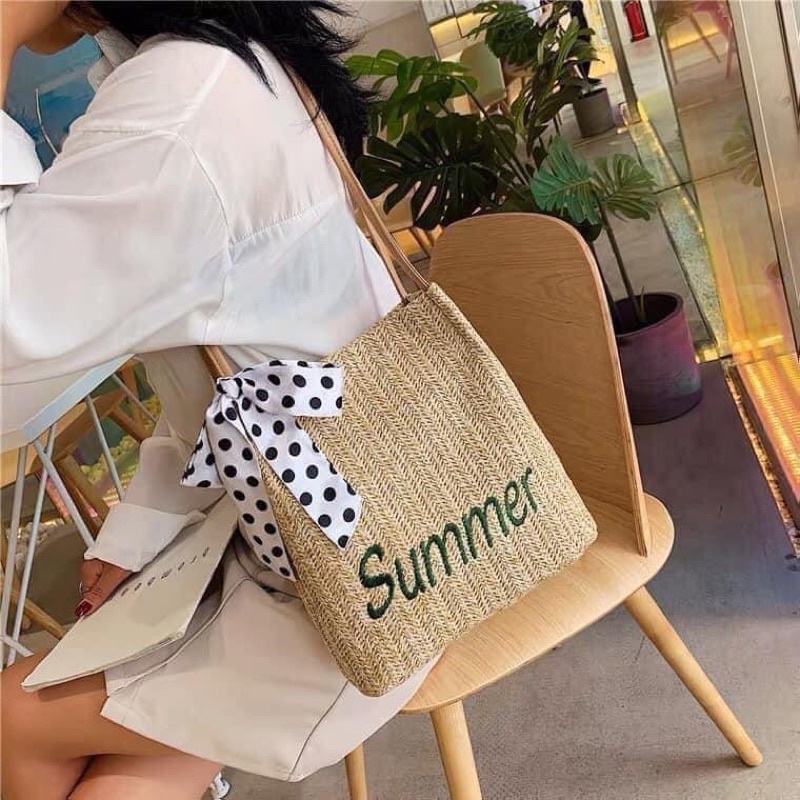 Túi cói sumer kèm dây nơ sang chảnh