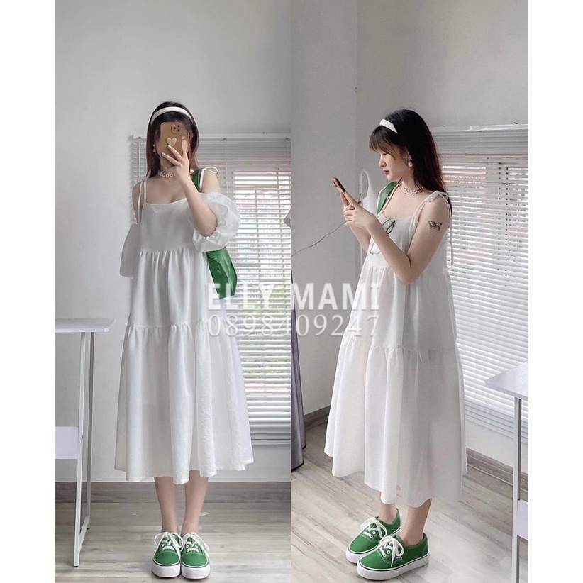 ( 40kg - 65kg ) Đầm Bầu ,Suông Babydoll 2 Dây Cột Nơ Tay Phồng Mặc Thoải Mái Suốt Thai Kì &amp; Sau Sinh Thiết Kế Cao Cấp