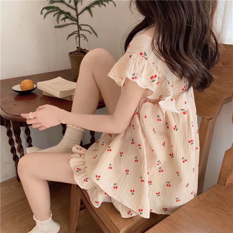 Bộ Đồ Ngủ Pijama In Họa Tiết Quả Cherry Dễ Thương Thời Trang Mùa Hè Cho Nữ