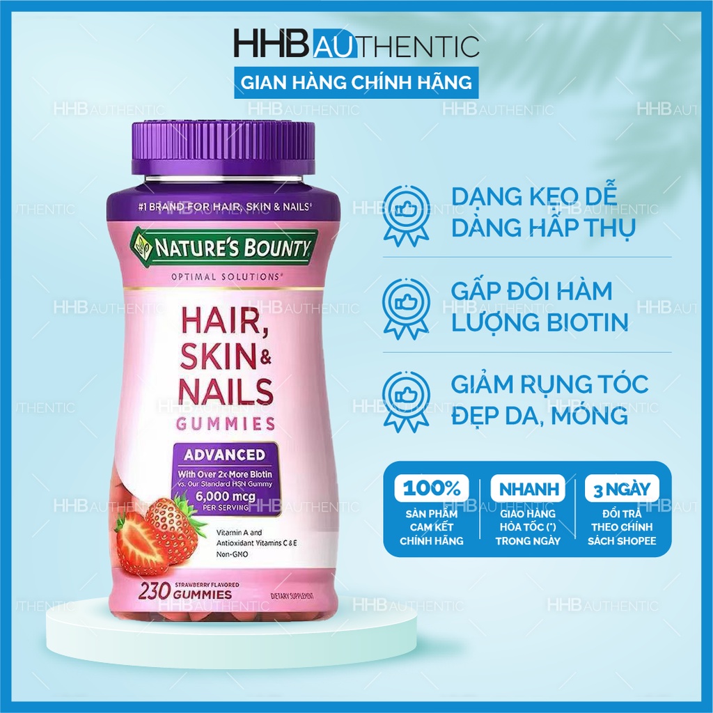 Kẹo dẻo hỗ trợ mọc tóc, đẹp da tóc móng Gummies Nature's Bounty Hair Skin & Nails - Xuất xứ Mỹ