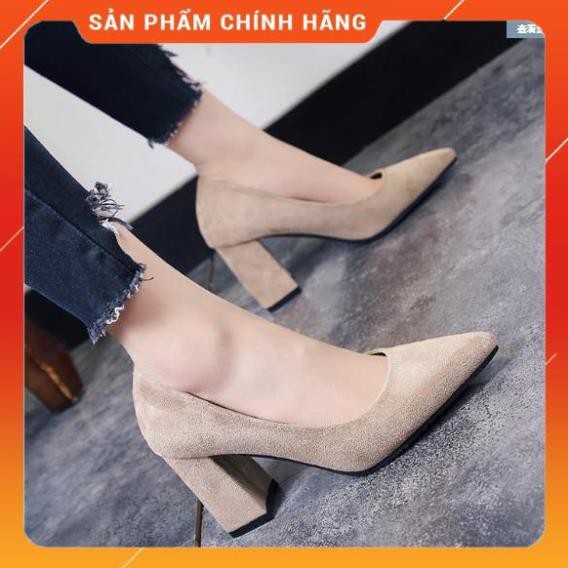 A26 Giày cao gót mũi nhọn đế vuông chất liệu da lộn phong cách Hàn Quốc -k9