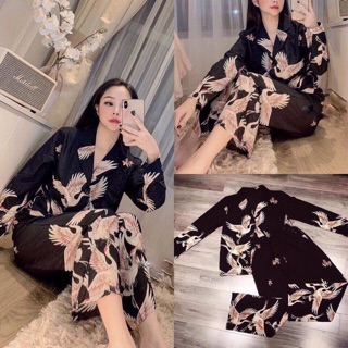 Đồ Bộ Satin Lụa Con Hạc Tay Dài Quần Dài