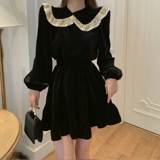 🖤Đầm tiểu thư nhung đỏ xoè dáng babydoll retro cổ ren rời dạo phố Noel,Lễ tết|Váy bánh bèo ulzzang tay dài sang chảnh