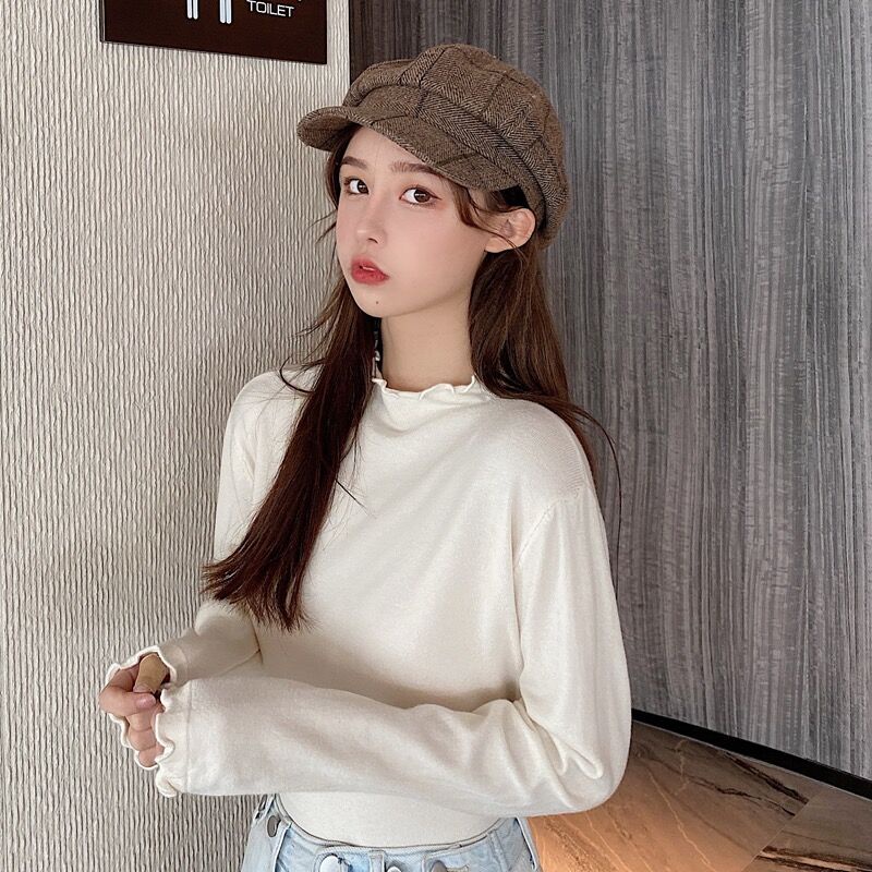 Áo dệt kim tay dài dáng rộng cổ cao phong cách mới thời trang thu đông cho nữ