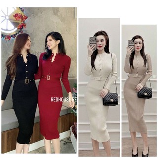 Top bán chạy 4 màu váy len body xẻ sau cúc ngực kèm đai dáng dài / váy len body dài tay cúc ngực   siêu đẹp