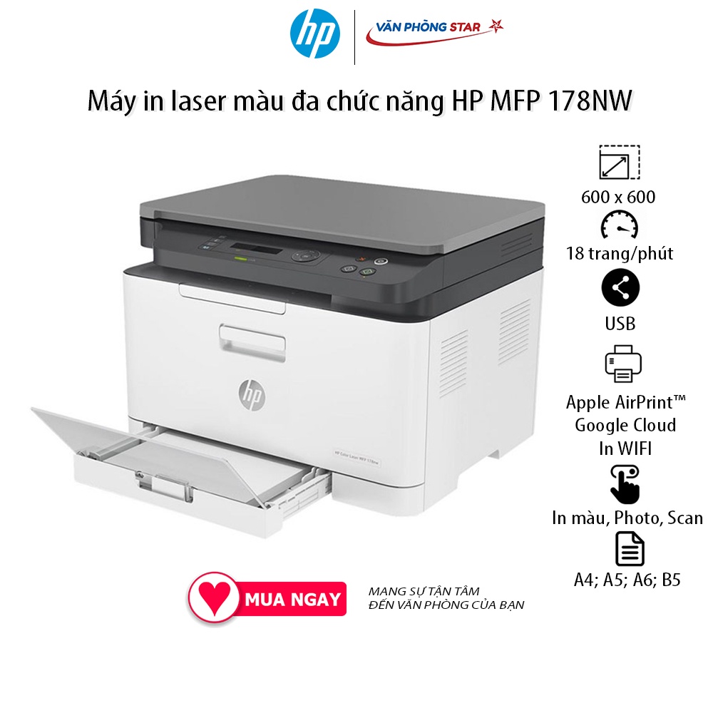 Máy in laser màu đa chức năng HP MFP 178NW In, Photocopy, Scan tốc độ 18 trang/phút 600 x 600 dpi tại Vanphongstar