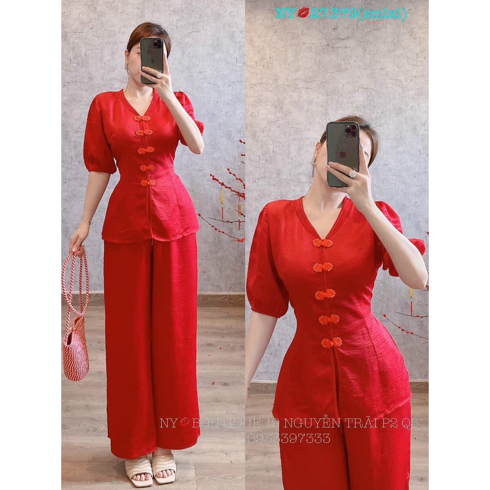 Bộ lam ống suông nút tàu tay lỡ gấm xước . Có sẵn