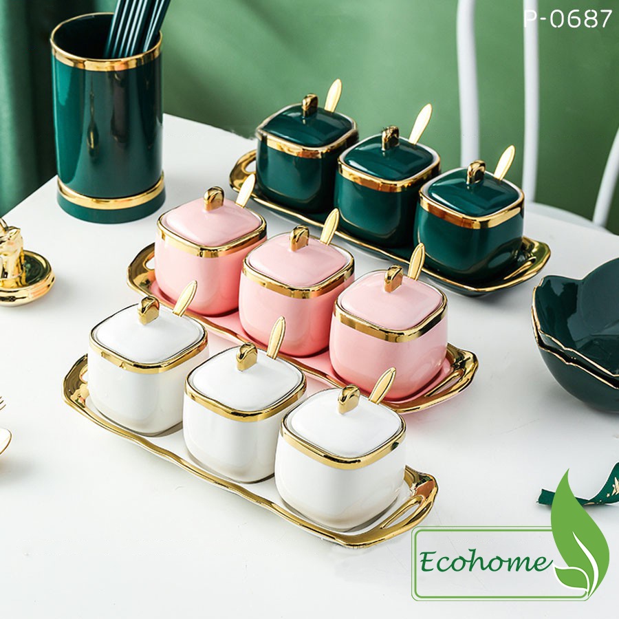 Bộ hũ đựng gia vị gốm sứ (kèm khay sứ) sang trọng phong cách Bắc Âu