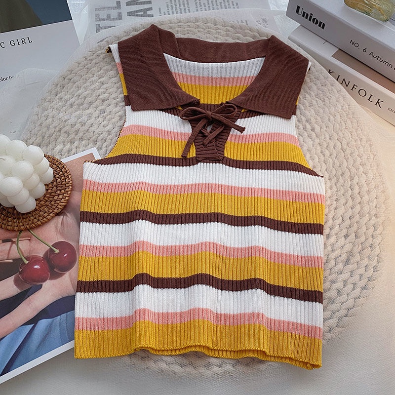 Áo Cổ Polo Họa Tiết Kẻ Sọc Màu Sắc Tương Phản Thời Trang Mùa Hè Cho Nữ