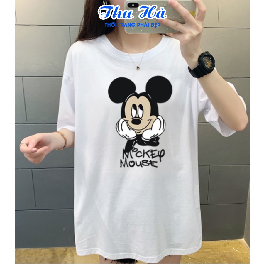 Áo thun form rộng áo phông tay lỡ Thu Hà chất liệu thoáng mát in hình Chuột Mickey Mouse