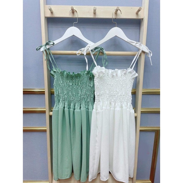 V001 Váy hai dây thắt nơ chun ngực viền bèo Ulzzang dáng xòe xinh xắn đầm voan mềm  Hàn Quốc cá tính phong cách