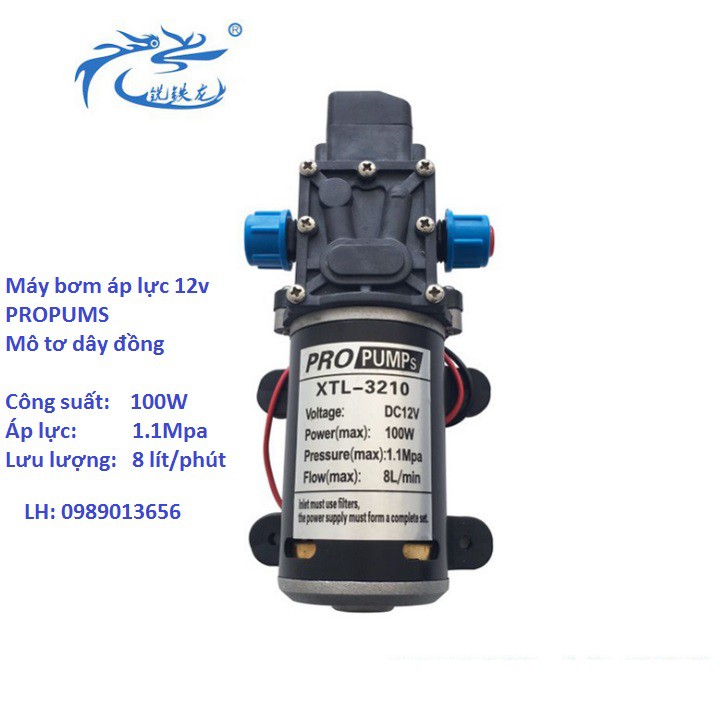 Máy bơm áp lực cao 12V100W 1.1MPA 8 lít/phút, dùng rửa xe, phun thuốc, phun sương tưới lan