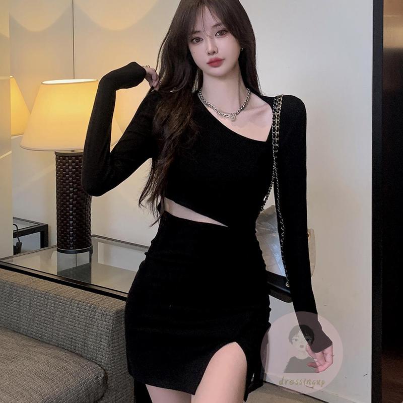 Đầm Ngắn Xẻ Tà Tay Dài Màu Đen Trơn Dành Cho Nữ