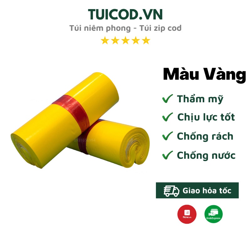 Cuộn 100 Túi Gói Hàng Vàng Bóng Mịn, Túi Đóng Hàng Tự Dính Vàng Giá Xưởng