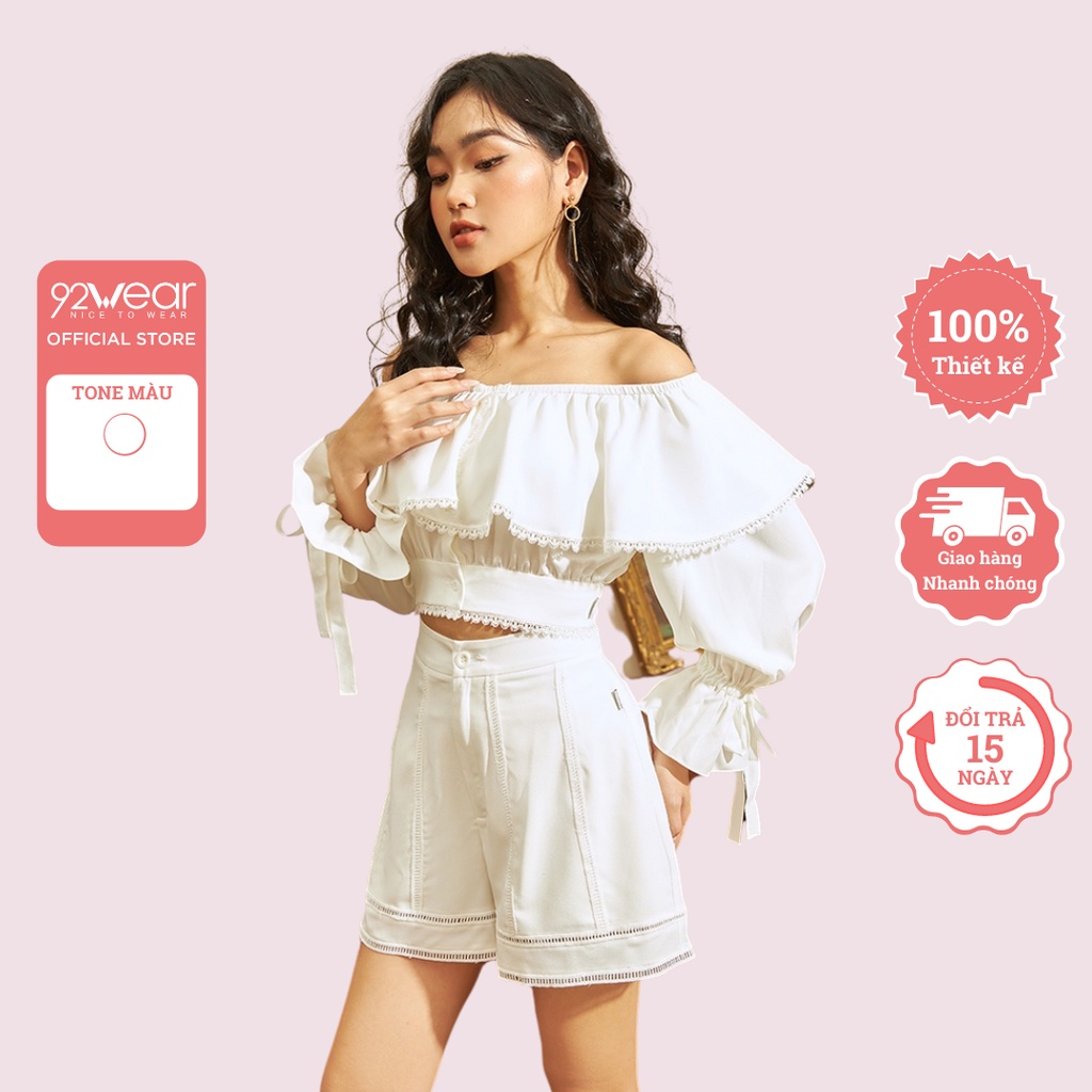 Áo sơ mi nữ dài tay trễ vai 92WEAR thiết kế tay bồng tiểu thư ABA2037