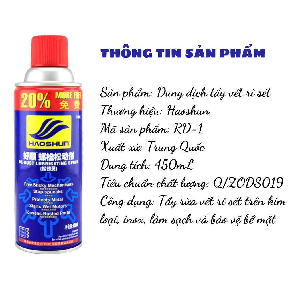 Bình xịt tẩy rửa rỉ sét trên kim loại 450ml Haoshun (ngẫu nhiên)
