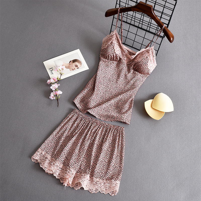 Leopard Print Women Pajamas With Chest Pad Sexy Sleepwear