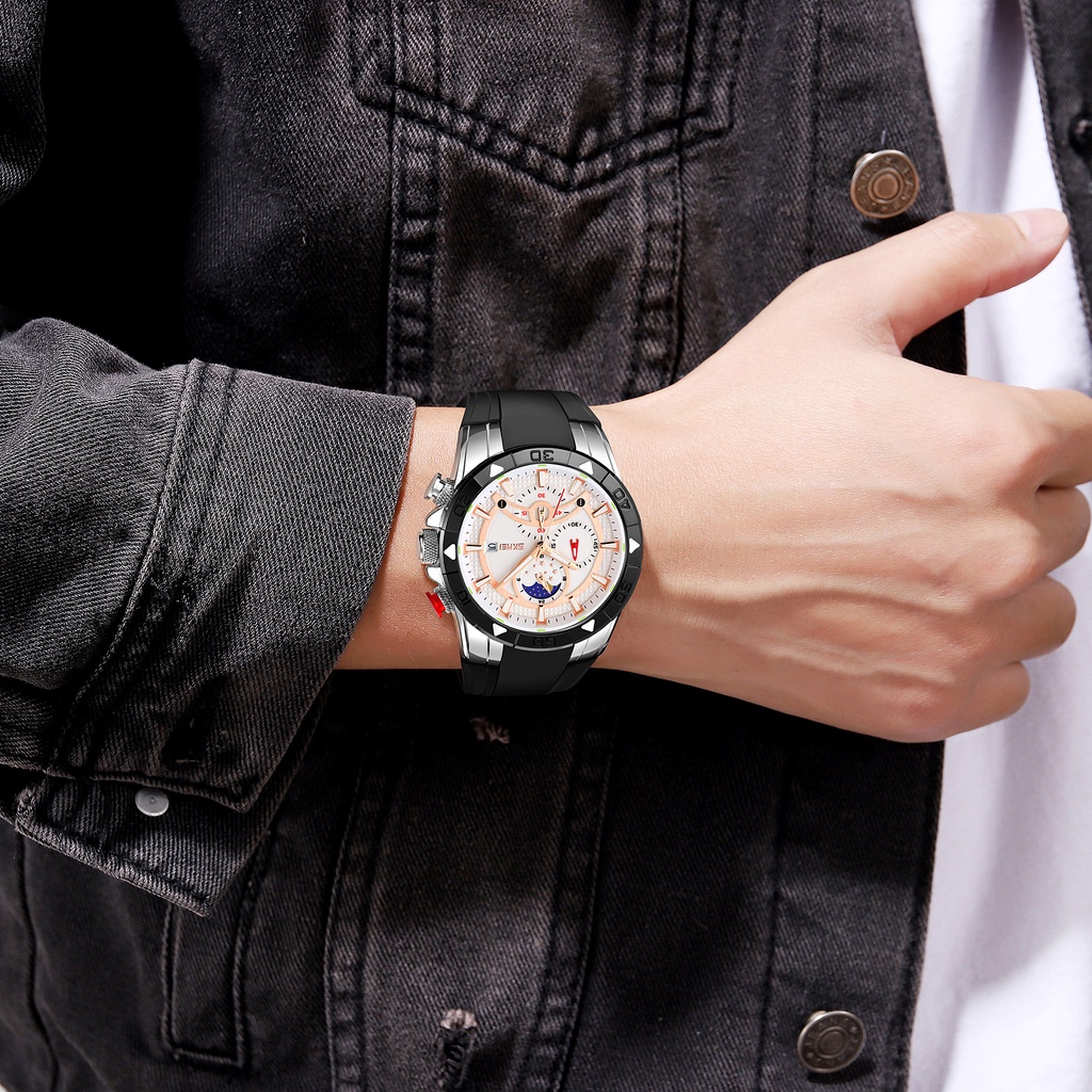 Đồng Hồ Quartz SKEMI 9270 Mặt Trăng Phase Chống Thấm Nước Dây Silicon Dài 50m Thời Trang Công Sở Cho Nam