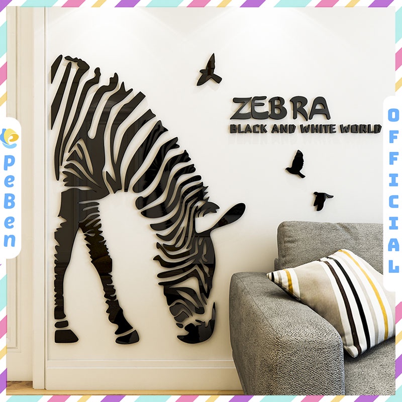 Tranh dán tường mica 3d decor khổ lớn chú ngựa vằn Zebra phong cách bắc âu hiện đại Nhiều Size - EPeBen
