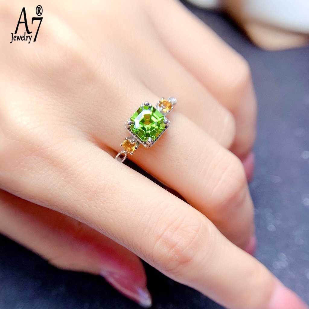 Nhẫn Hở Hình Vuông Đính Kim Cương Màu Xanh Ô Liu / Xanh Lá Cho Nữ X4