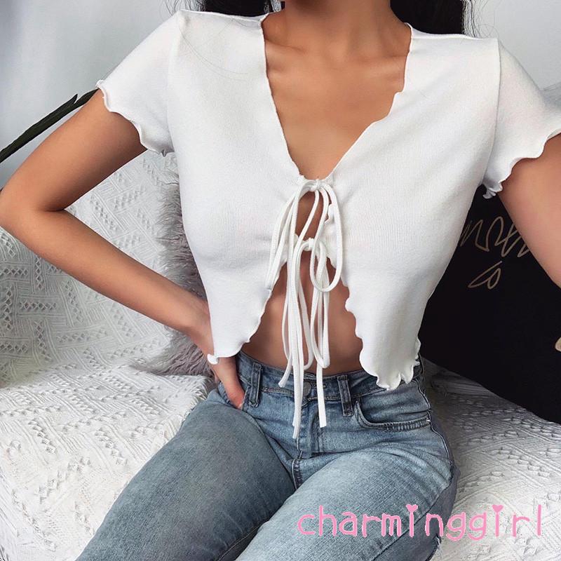 Áo Dệt Kim Tay Ngắn Cổ Chữ V Khoét Sâu | BigBuy360 - bigbuy360.vn