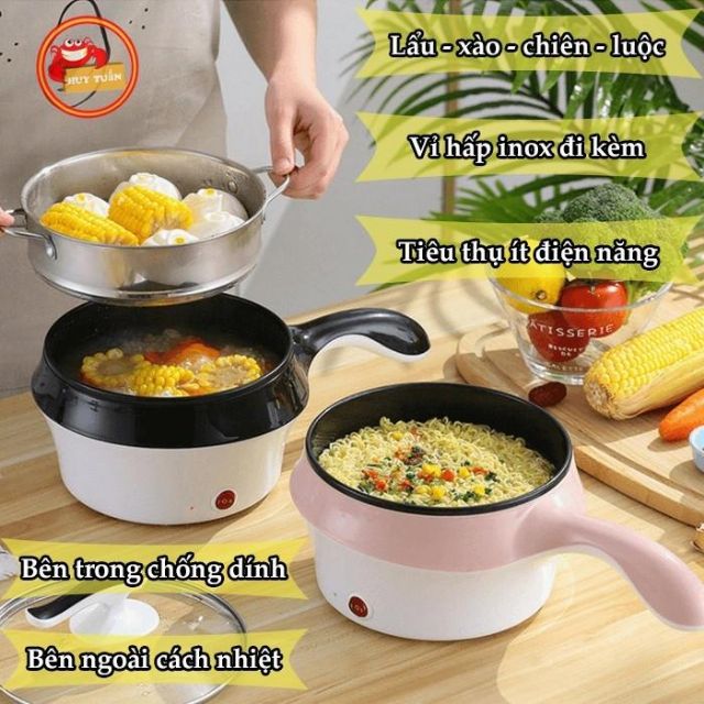 Nồi Lẩu Điện Nồi Điện Mini 2 Tầng Chống Dính Đa Năng 18cm TẶNG KÈM XỬNG HẤP Nấu mì, nấu lẩu