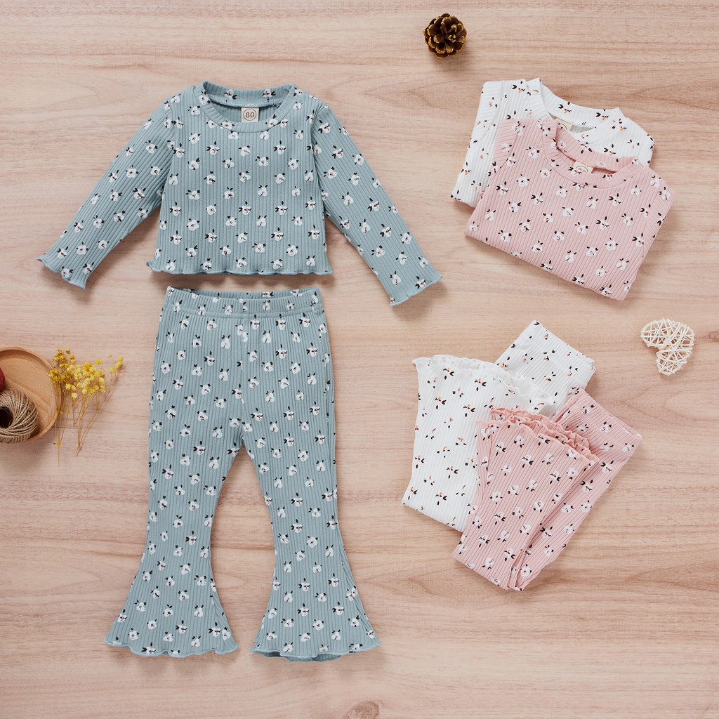 Bộ đồ 2 món gồm áo thun cotton tay dài kẻ sọc in hoa + quần ống loe cho bé gái 1-5 tuổi
