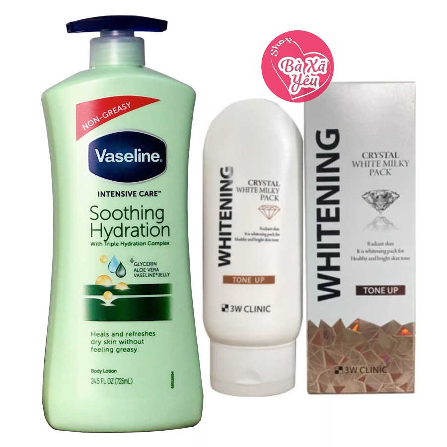 COMBO Dưỡng Thể VASELINE Xanh Lá + Kem tắm trắng 3W Clinic Crystal White Milky Pack 200g - BX3866