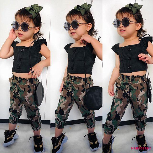 Set Quần Dài + Áo Croptop Hoạ Tiết Lính Cho Bé Gái