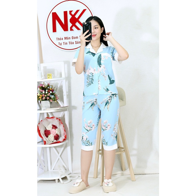 [HÌNH THẬT 100%] Bộ đồ Pijama nữ lửng NỀN XANH PHA CỔ TRẮNG - vải lụa COTTON cao cấp - Cực Kì Sang Chảnh